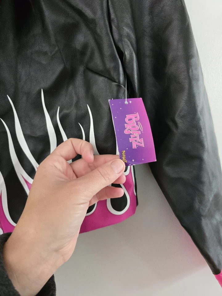 Spirit Halloween Bratz Faux Leather Black Pink Crop Jacket Flames Faux Fur Sz M - Image 4 of 4