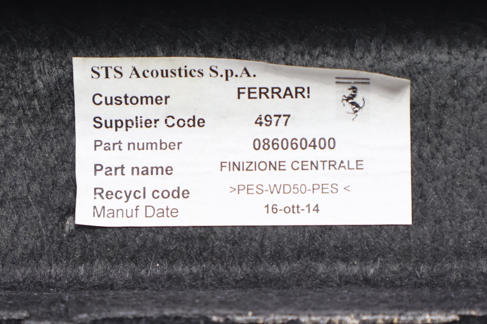 15-18 FERRARI CALIFORNIA T TRUNK CARGO FLOOR FORWARD TRIM COVER CARPET PANEL OEM