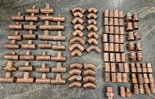 (LOT OF 110) 1" Copper Solder Fittings, Tees, Elbows, Couplings, Reducers, union
