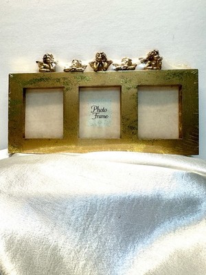 TRIPLE PHOTO PICTURE FRAME WITH CHERUBS Gold Tone Vintage SEALED UNUSED