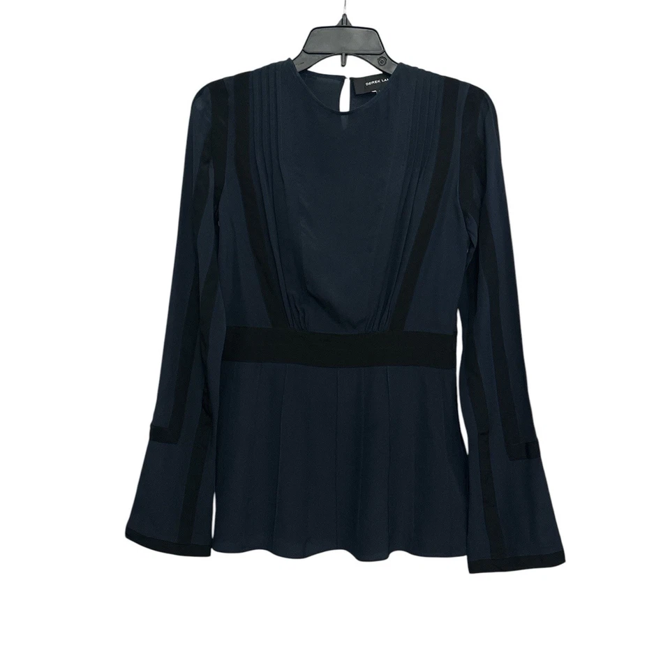 Blusa Derek Lam Manga Larga Peplum Talla 4 Azul Seda Negro Acentos Carrera Formal Foto 2 de 4