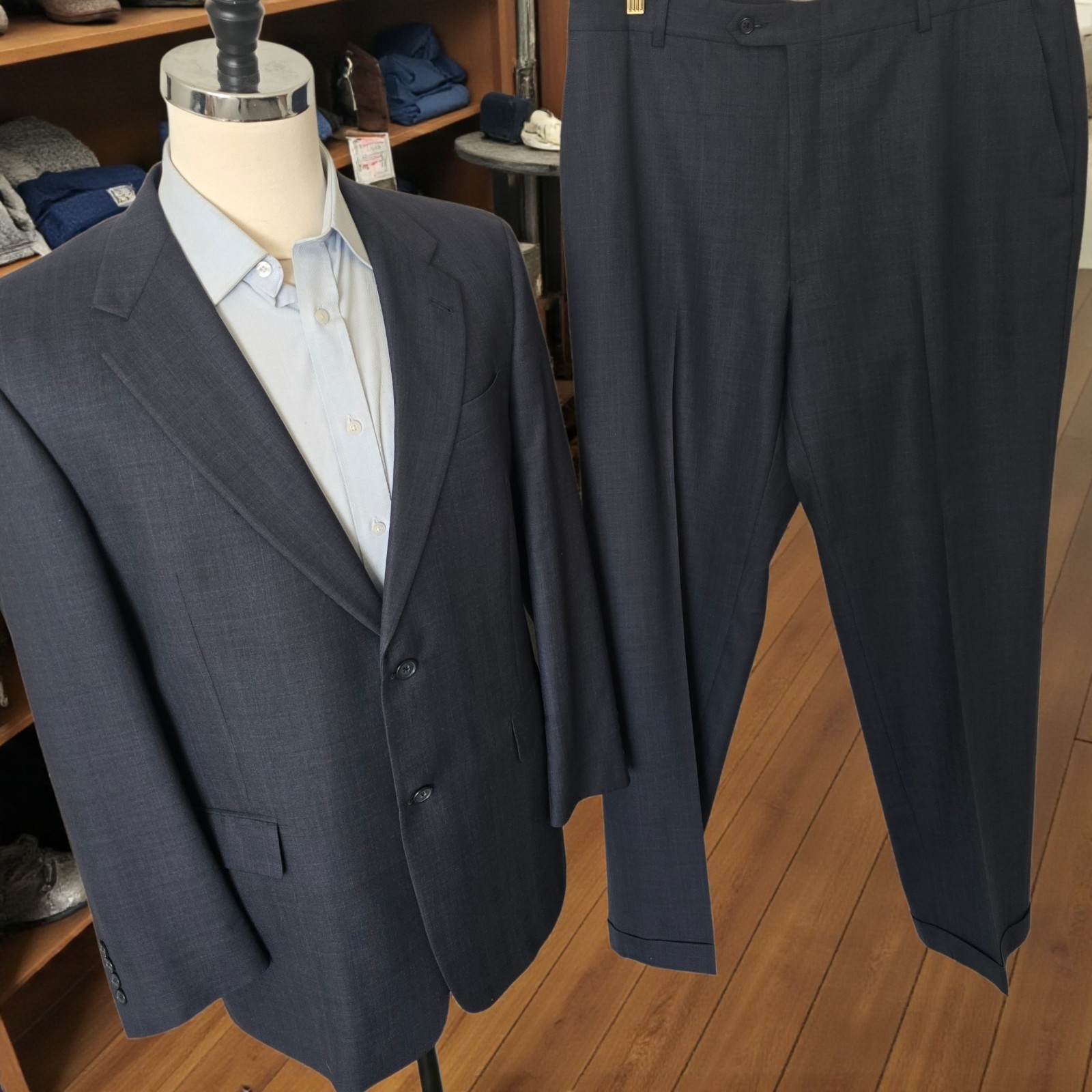 Hart Schaffner Marx Suit 43r 37x32 Gold Trumpeter Slate Blue Glenplaid Tailored 