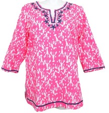 Talbots Lobster Rockstar PLUS Size 2X Pink Cotton Tunic Embroidered 3/4 Sleeves