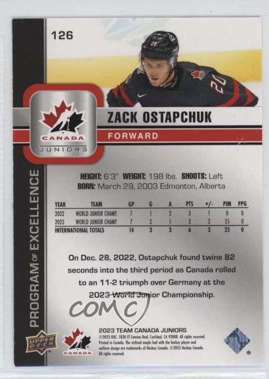 2023 Team Canada Juniors Program of Excellence High Gloss /10 Zack Ostapchuk - Image 2 of 2