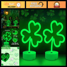 2 Pack Clover Neon Signs - LED Battery/USB Powered Lights for St. Patrick's Day,