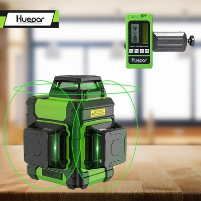 Huepar 3D Laser Level 360 Self Leveling Green & Hard Carry Case HM03CG+Receiver