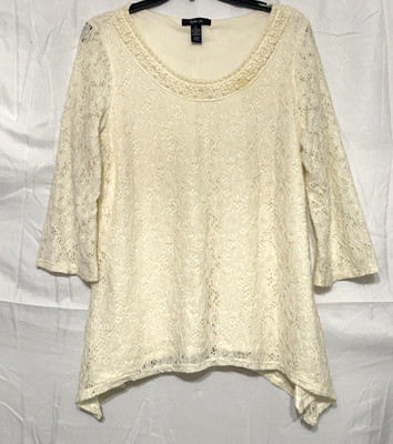 Style & Co Women s Ivory Lace Top Size L 3/4 Sleeve Flowy Blouse Fully Lined