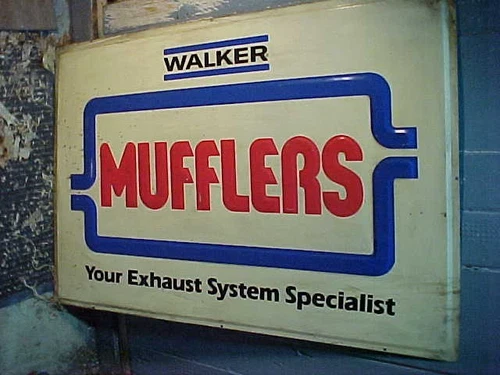 Vintage WALKER MUFFLERSt EMBOSSED Tin Litho ADVERTISING Garage SIGN 3 X 2'