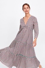 Zara Geometric Print Ruffles Midi Length Boho Cotton Dress Size S