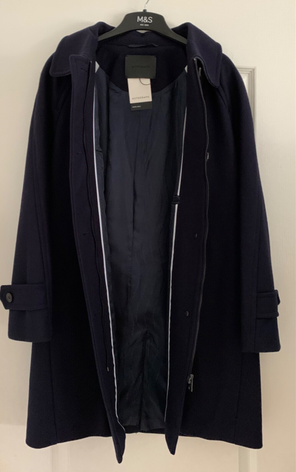 AUTOGRAPH M&S NAVY BLUE WOOL RICH WITH CASHMERE CAR COAT Size 16 RRP £