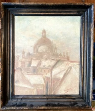 Oil Painting 1919 Signed View Dresden Church Morning Light Old Town Sky Oil