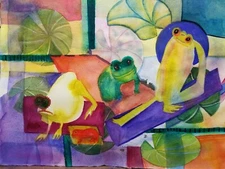DJE Original signed watercolor on paper of FROGS DOING YOGA