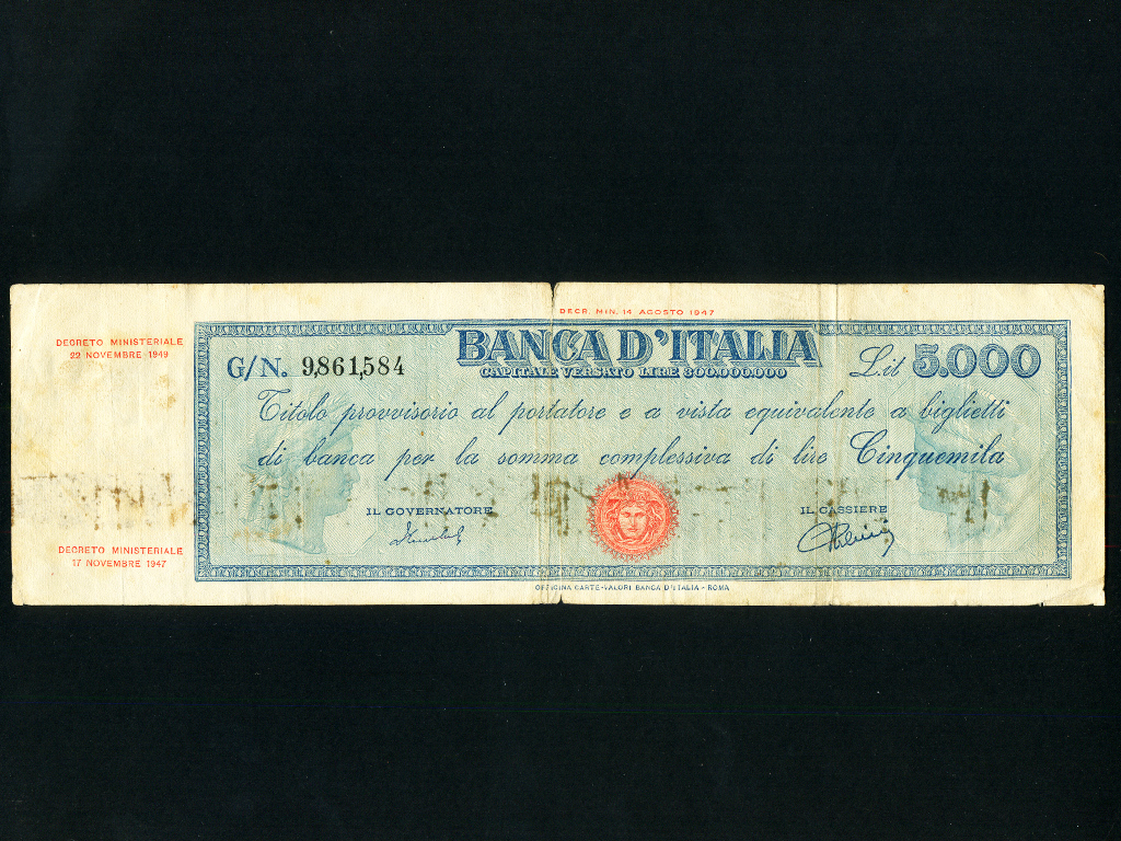 イタリア 5000リラ 1949年11月22日 P 86b シリーズ H/N。希少流通