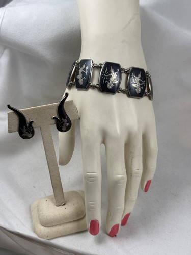 Set Bracelet Earrings Sterling Silver Niello Ware Dancers 925 Jewelry - Picture 11 of 12