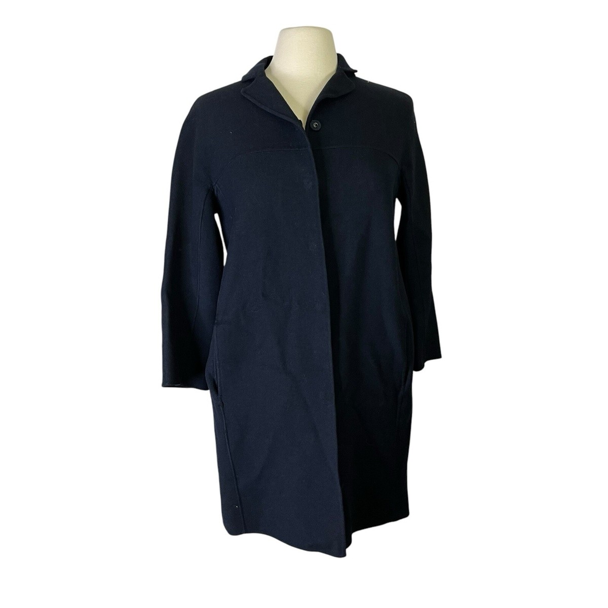 S Max Mara Cucito A Mano Navy Blue 100% Virgin Wool Snap Front
