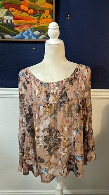 Akemi + Kin Anthropologie Patrizia Smocked Floral Lace Top Pink Sz Large L