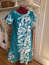 VTG Hawaii Alkane Muumuu Dress Housedress Teal Mumu Puff Sleeves Size M Tropical