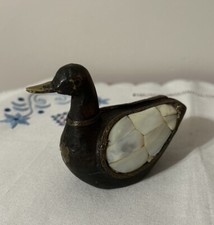 Wooden Duck Brass Fitted Old Mother Of Pearl Vintage India Collectible
