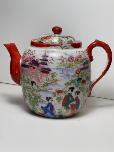 Vintage japanische handbemalte Porzellan Teekanne (Geisha Mädchen) rot