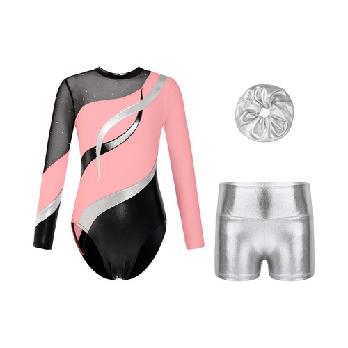 Kids Girls Outfits Leotard Set Dance Dancewear Hair Tie Tracksuit Metallic Suit - Picture 18 of 48