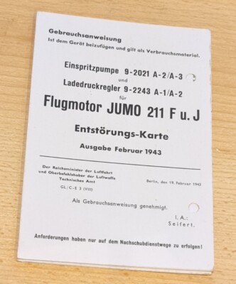 80 Jahre alt 1943 Flugmotor Jumo 211 F & J  Gebrauchsanweisung Entstörungs-Karte