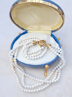 Vintage CINER White Beaded Gold Tone 3-Strand Necklace 16''