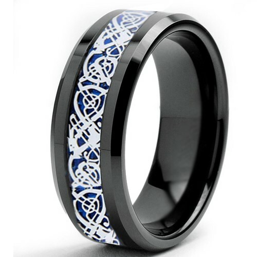 8mm Black Tungsten Carbide Ring Silver Celtic Dragon Blue Carbon Fiber Mens Band - Picture 3 of 7