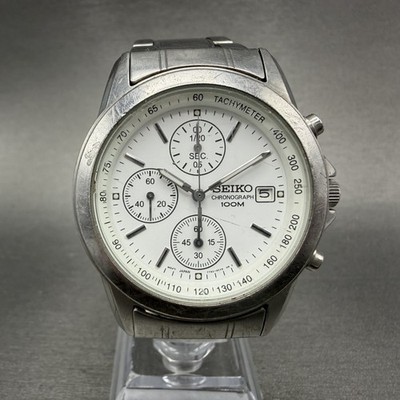 Seiko Chronograph Watch Men 39mm White Dial Silver Tone Date 7T92-0CW0 New Batt