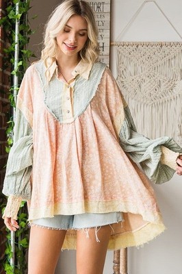 Oli & Hali The Fatima Kat Collared Top M/L Mixed Print Hi Low Tunic