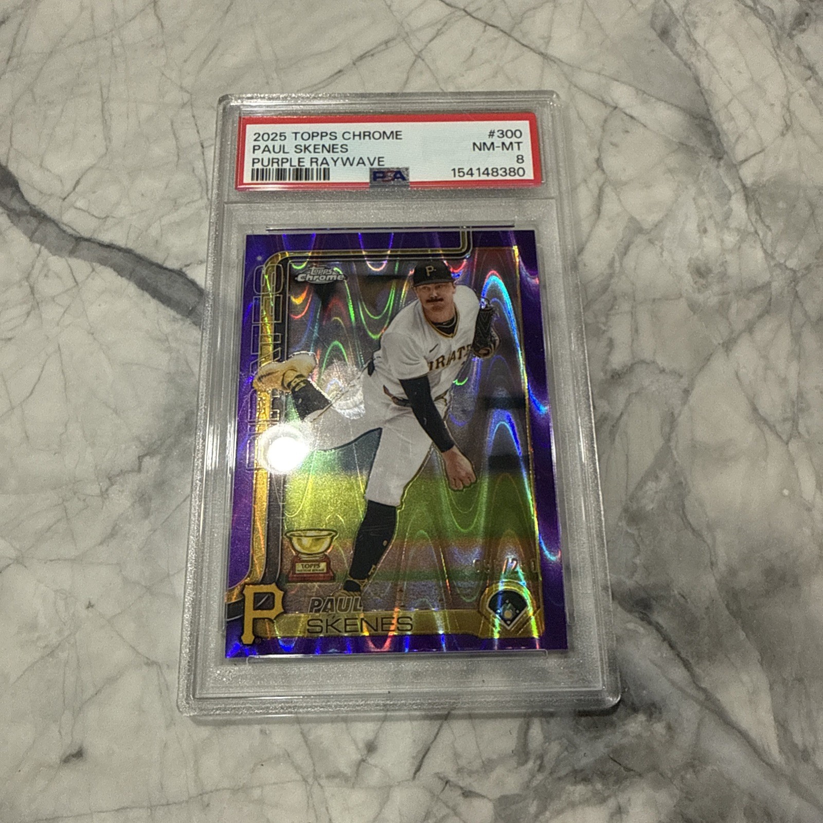 2025 Topps Chrome Paul Skenes #300 Purple RayWave Refractor 229/250 PSA 8 view 5