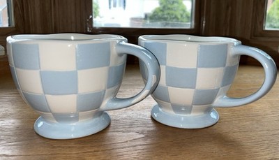 2 Sunday Morning ceramics Blue checkered mugs coffee tea- 1 flaw