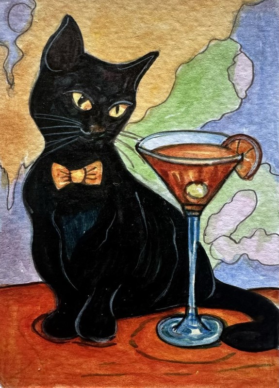 Original ACEO Black Cat Painting Miniature Art Card Ooak By Artist Dulshan C9