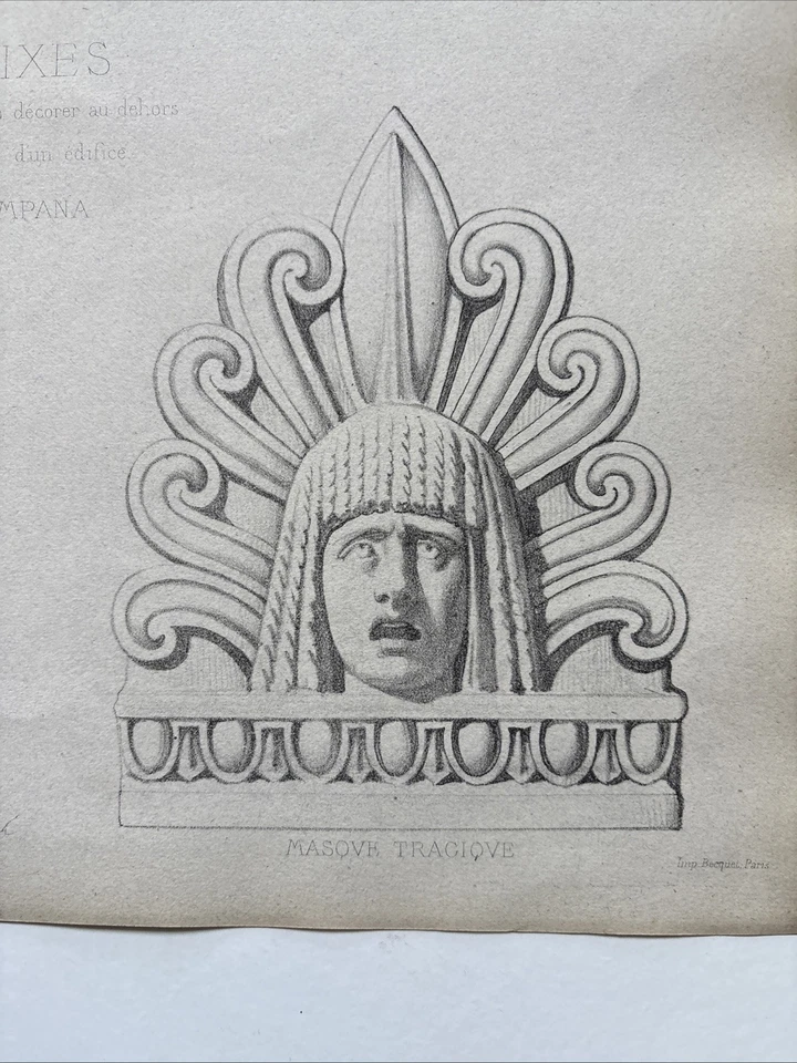 Litografia francesa antiga de 1868 – Antefixos e máscaras arquitetônicas por Chazal - Imagem 4 de 4