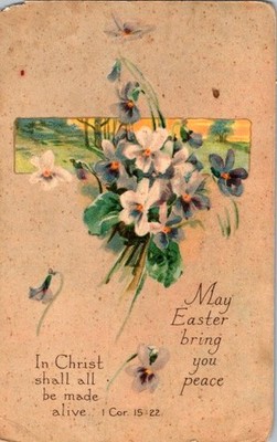 Easter Postcard Violets Cross 1 Corinthians 15 22 Chromolithograph 1920s