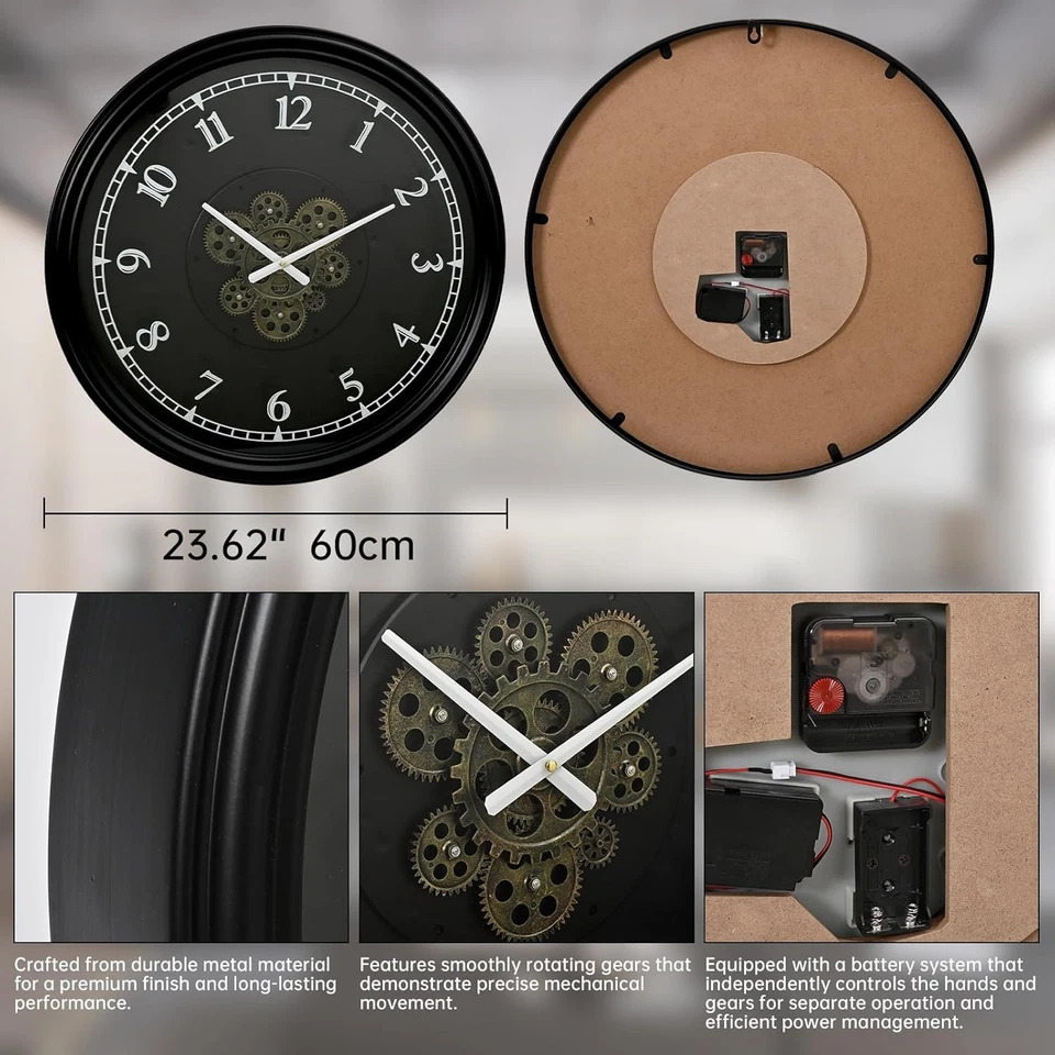 Reloj de pared Steampunk vintage con engranajes móviles de 24 pulgadas Foto 4 de 4