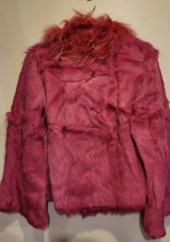 La Vee Size Medium Real Colored Fur Coat Jacket Curly Lamb Collar Pink Barbie - Bild 3 von 13