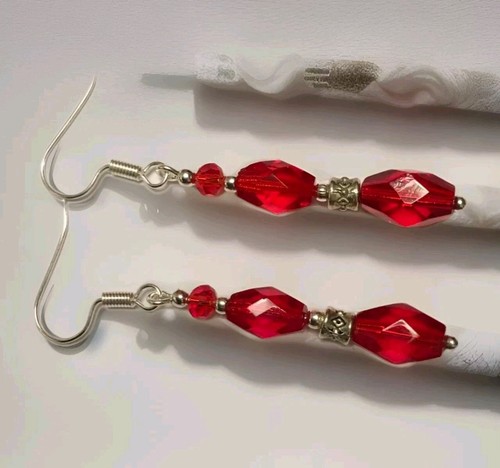 Vintage Style RED Glass Earrings In Silver Plate. Drop Dangle - Picture 2 of 7