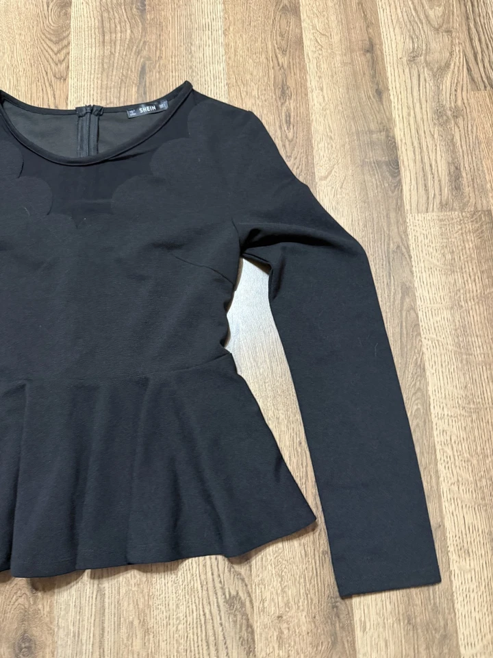 Shein Shirt Women's Size Large Black Long Sleeve Zip Up Back Peplum Top - Image 4 of 4