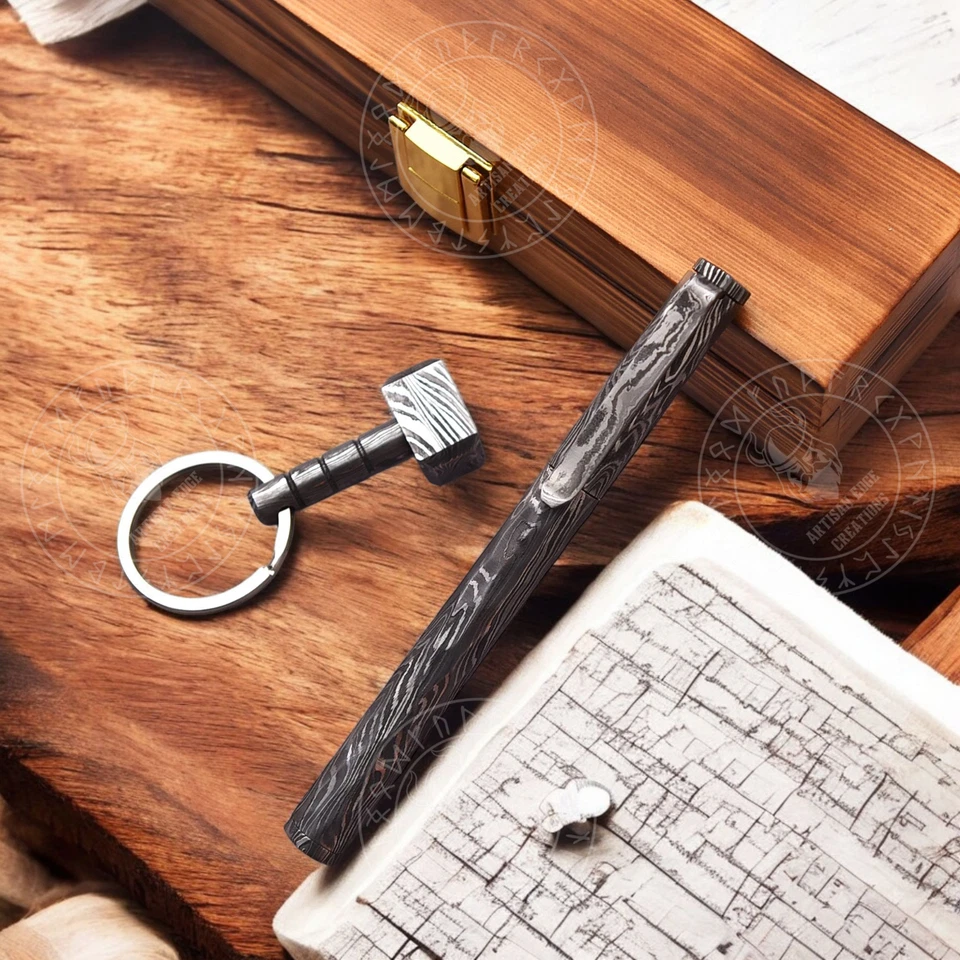 Роскошная шариковая ручка ручной работы из дамасской стали, дамасская ручка с деревянной коробкой - Изображение 3 из 4