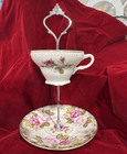 Porcelain Floral Painted Tea Cup & Saucer jewelry holder White Pink Gold — photo 1