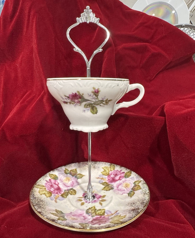 Porcelain Floral Painted Tea Cup & Saucer jewelry holder White Pink Gold