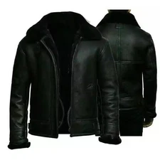 Men's Back RAF Pilot Bomber Fur Shearling Aviator Real Lambskin Leather Jacket