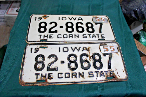 PAIR IOWA LICENSE PLATES 1953-55 SCOTT COUNTY 82-8687 w/55 TAGS CORN STATE