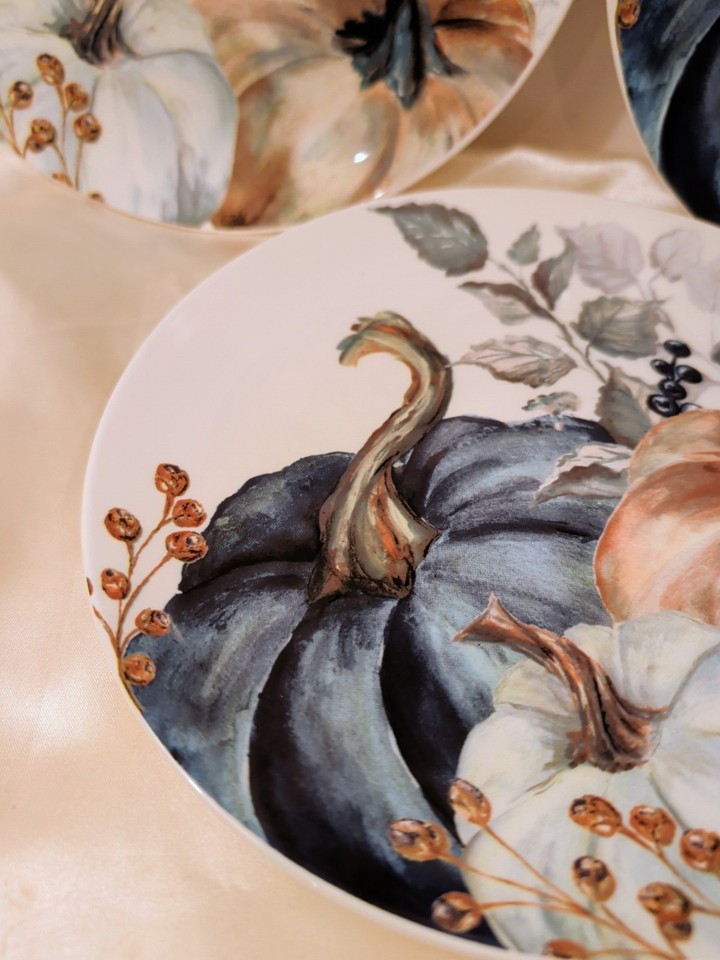 Plates 5 Pc Pumpkin Lunch / Salad Fall Hobby Lobby Blue Orange 8.5