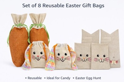 Set of 8 Easter Gift Bags Bunny & Carrot Burlap Multicolor Large Small