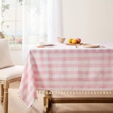 Pink Gingham Tablecloth Rectangle, Outdoor Linen Cotton Checkered Table Cloth...