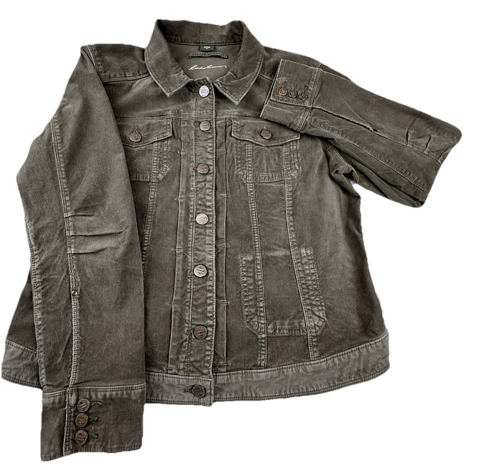 Chaqueta de Camionero De Colección Eddie Bauer Verde Oliva Pana XL Botón Western Foto 2 de 4