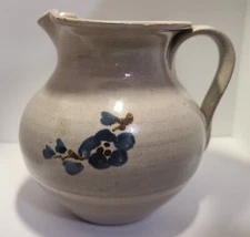 Vtg 1986 Jugtown Ware Pottery Pitcher Blue Flower 4.25"H x 4"W Signed & Dated