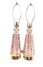 2  1950s MCM Ceramic Pink And Gold Fluted Table Lamps 20" Tall Both Work!!