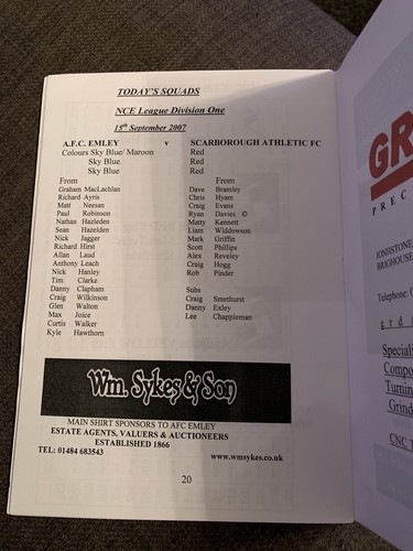 2007 AFC Emley V Scarborough Athletic Soccer/football Match Programme 1st Season - Picture 3 of 3